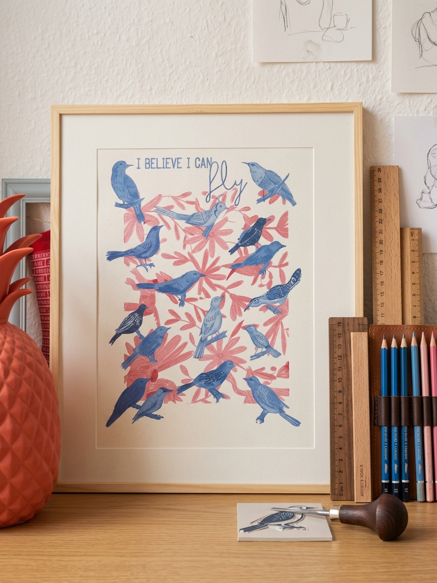 Affiche illustrée I Believe I Can Fly avec oiseaux bleus et feuillage rose