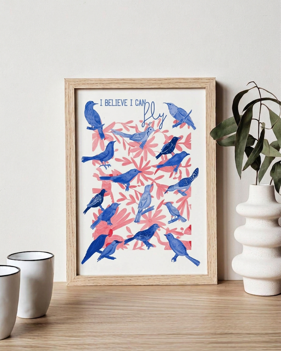Affiche murale oiseaux I Believe I Can Fly dans un cadre en bois clair