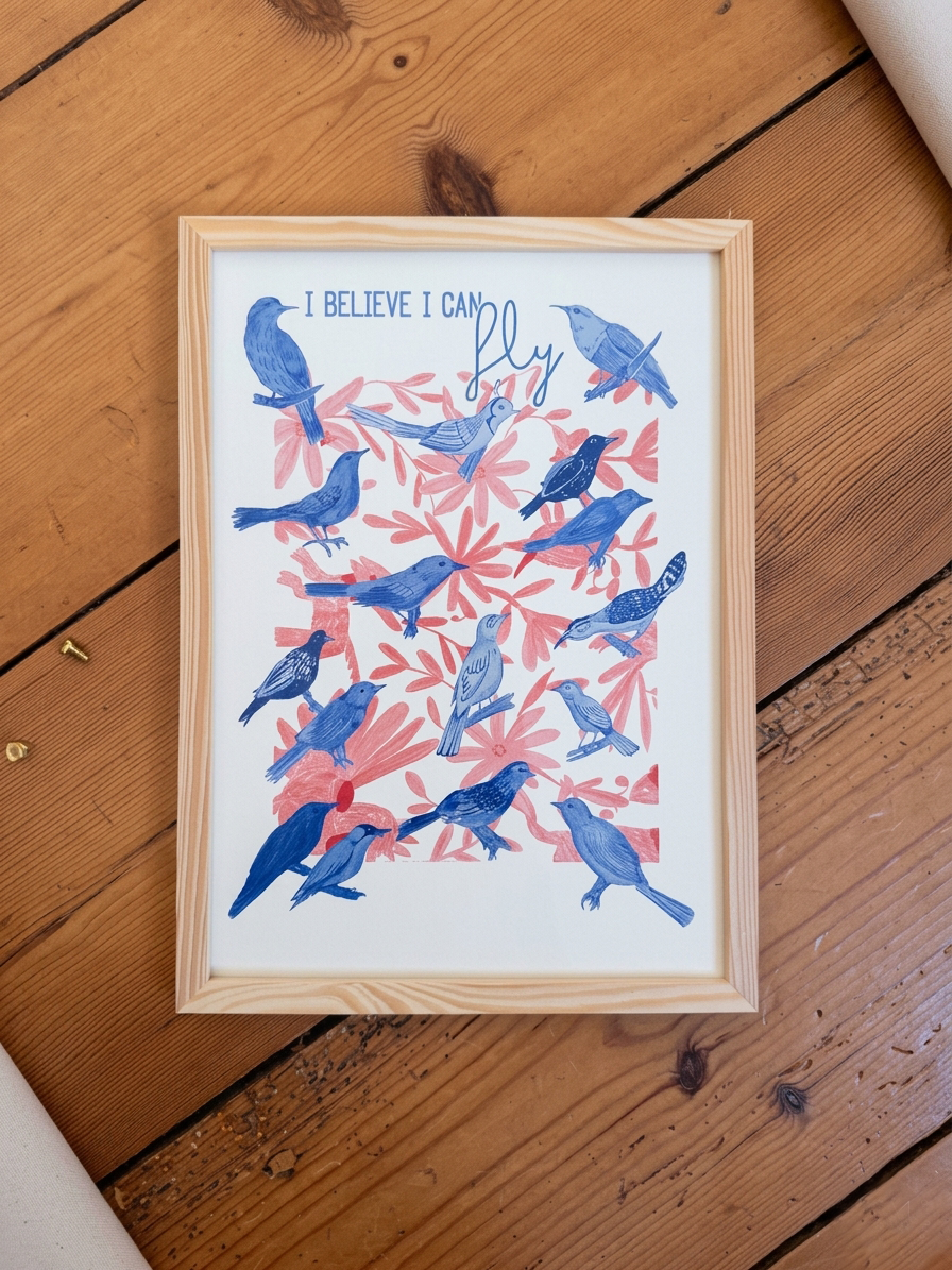 Affiche oiseaux bleus et feuillage rose encadrée dans un cadre en bois