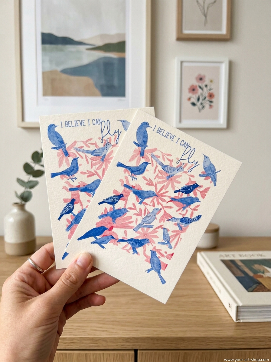 Deux affiches illustrées I Believe I Can Fly avec oiseaux bleus et feuillage rose