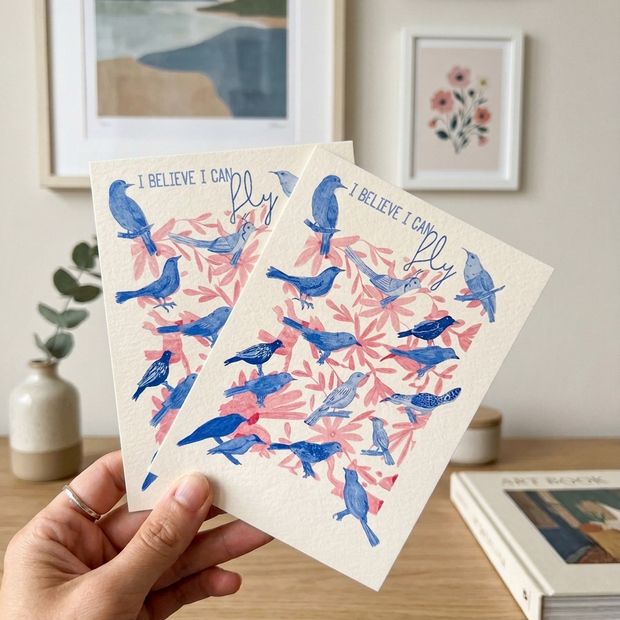 Deux affiches illustrées I Believe I Can Fly avec oiseaux bleus et feuillage rose