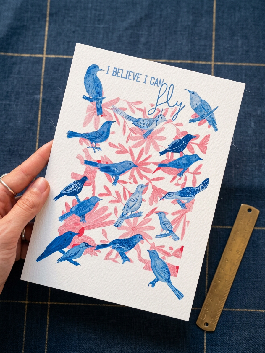 Illustration d’oiseaux bleus et fleurs roses I Believe I Can Fly imprimée sur papier