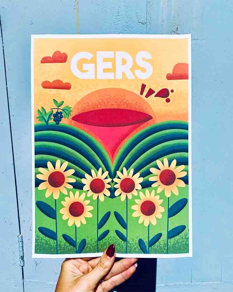 Carte illustrée du Gers avec paysage de collines et tournesols
