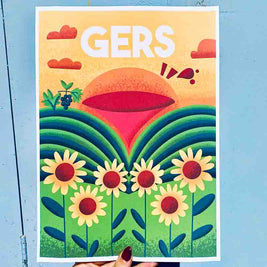 Carte illustrée du Gers avec paysage de collines et tournesols
