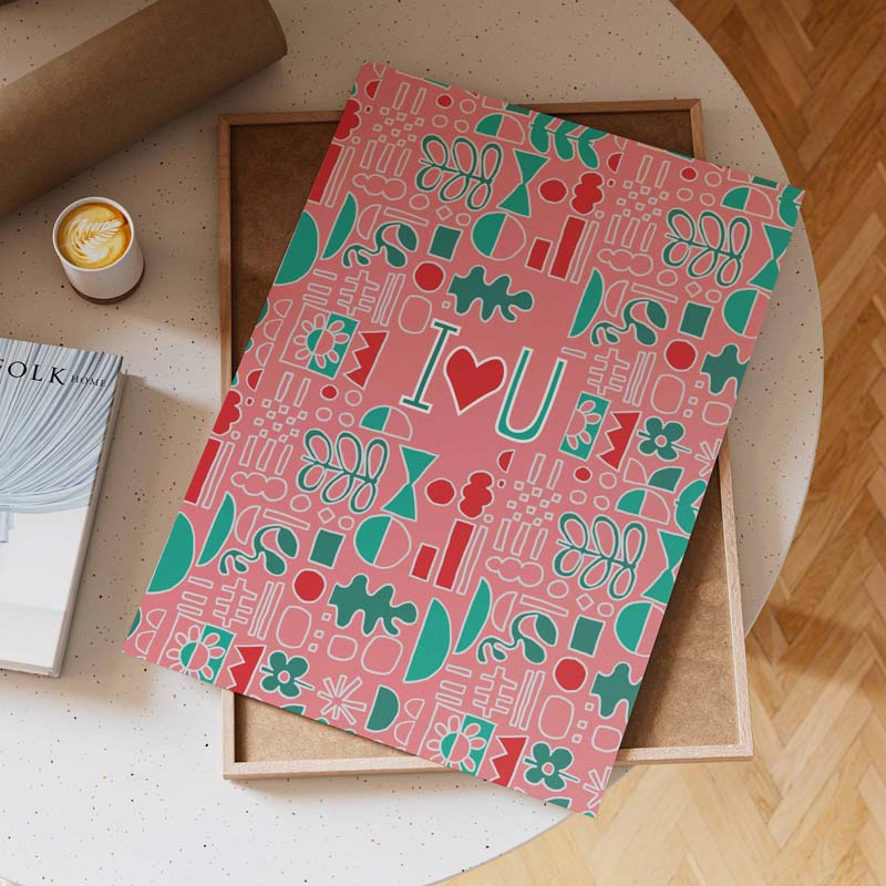  Affiche I love you avec illustration graphique colorée et motifs décoratifs
