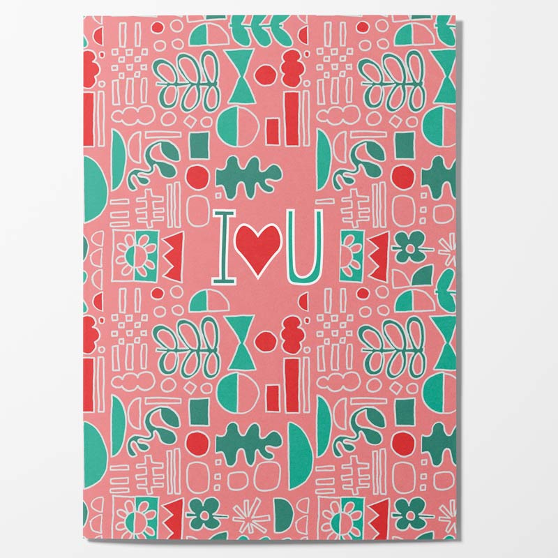 Affiche I love you avec illustration graphique colorée et motifs décoratifs
