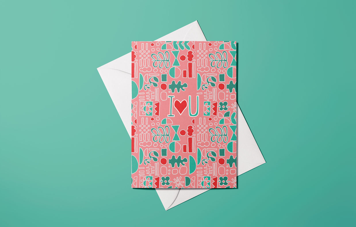 Affiche I love you avec illustration graphique colorée et motifs décoratifs
