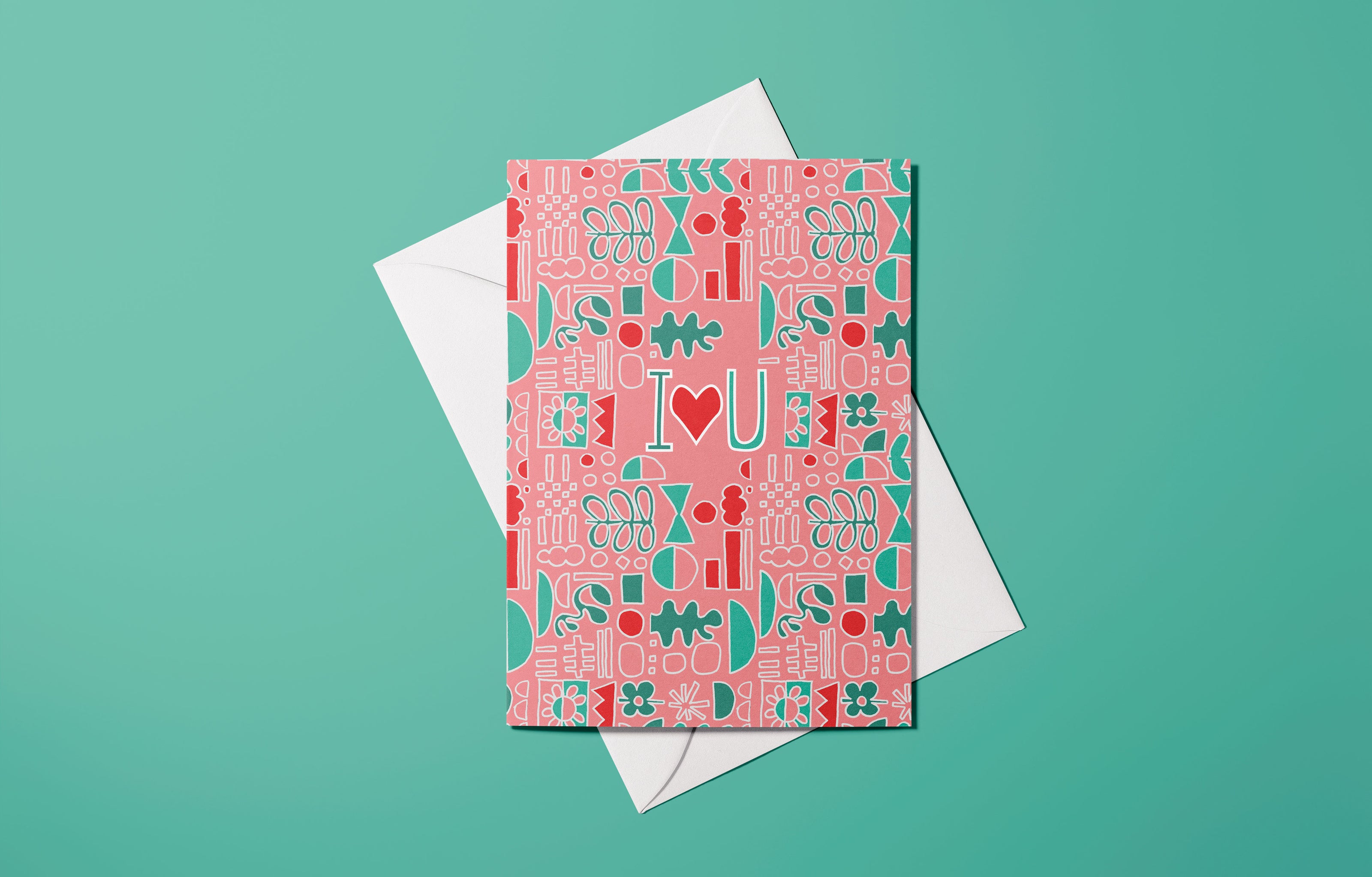 Affiche I love you avec illustration graphique colorée et motifs décoratifs
