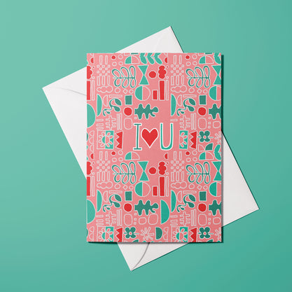 Affiche I love you avec illustration graphique colorée et motifs décoratifs
