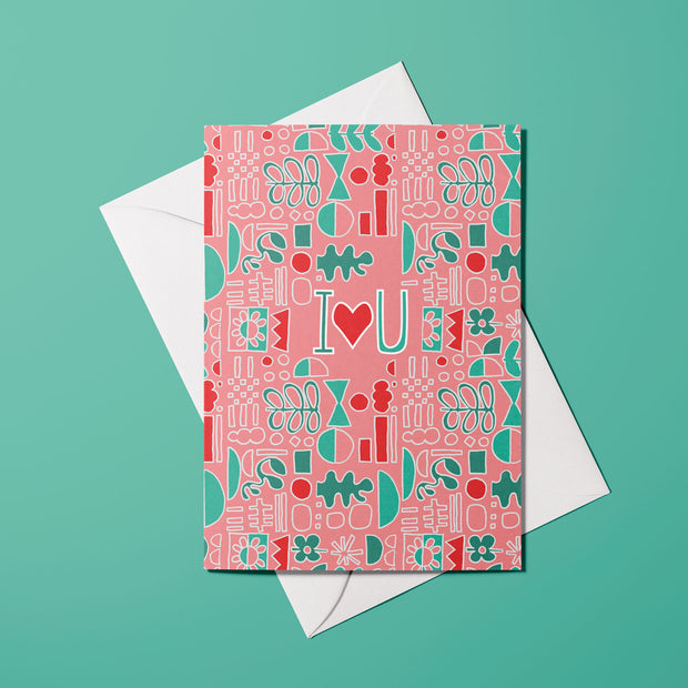 Affiche I love you avec illustration graphique colorée et motifs décoratifs
