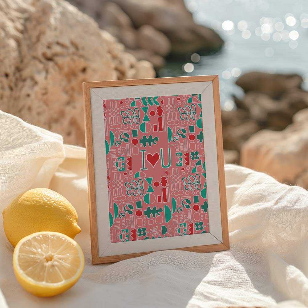 Affiche I love you avec illustration graphique colorée et motifs décoratifs
