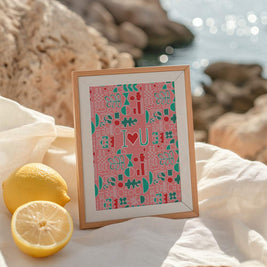 Affiche I love you avec illustration graphique colorée et motifs décoratifs
