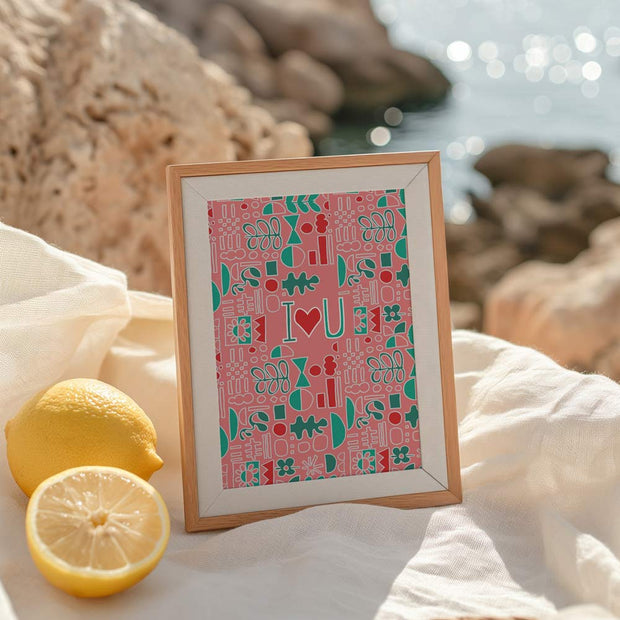 Affiche I love you avec illustration graphique colorée et motifs décoratifs
