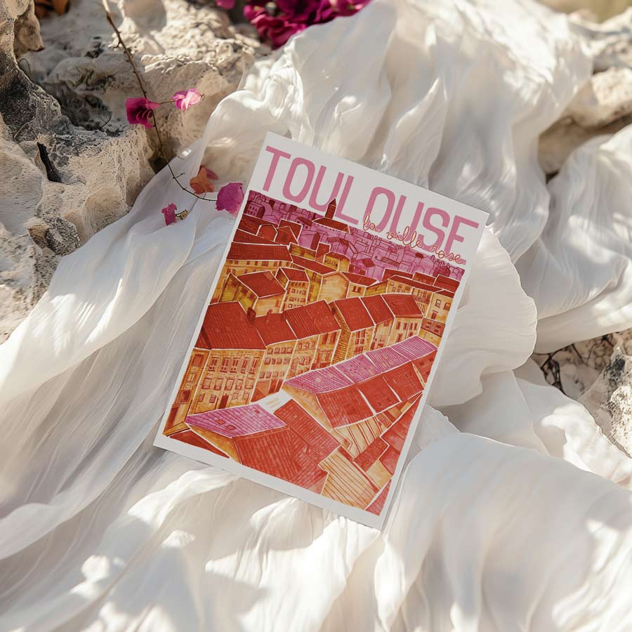 Carte postale illustrée de Toulouse représentant la Ville Rose
