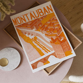 Affiche illustrée de Montauban avec vue urbaine et architecture
