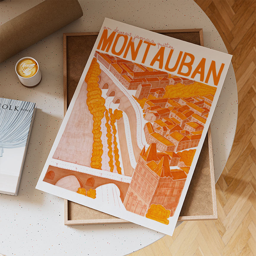Affiche illustrée de Montauban avec vue urbaine et architecture
