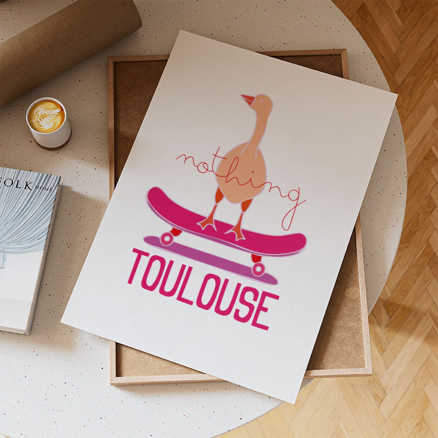 Affiche Nothing Toulouse avec illustration d’un canard sur skateboard
