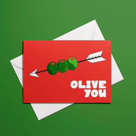 Affiche Olive You avec illustration graphique d’olives et message humoristique
