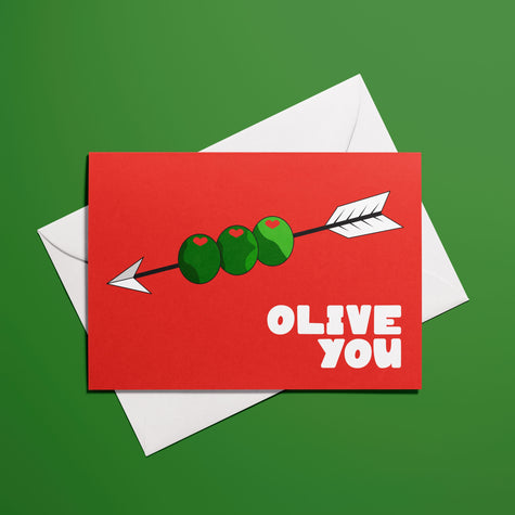 Affiche Olive You avec illustration graphique d’olives et message humoristique
