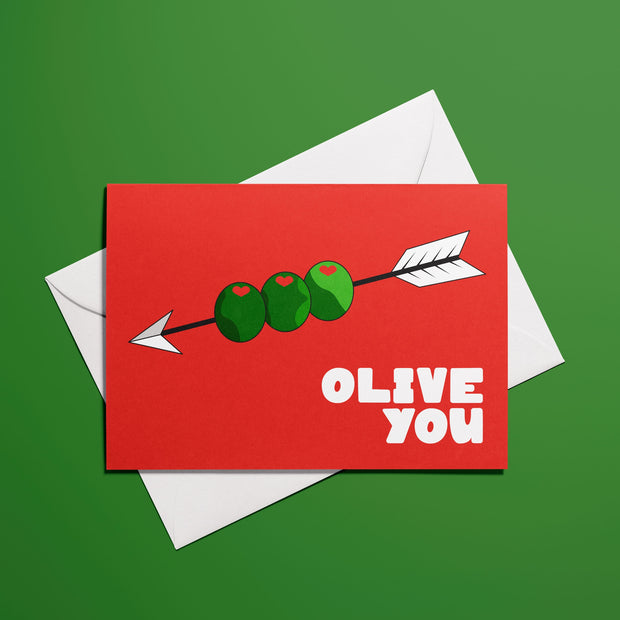 Affiche Olive You avec illustration graphique d’olives et message humoristique

