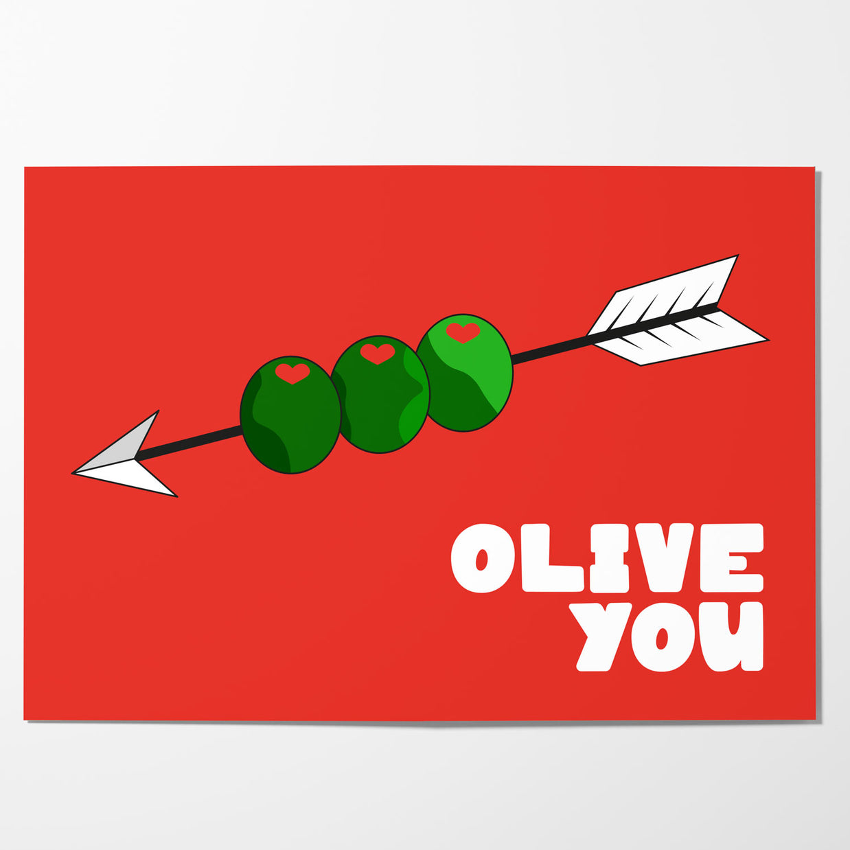 Affiche Olive You avec illustration graphique d’olives et message humoristique
