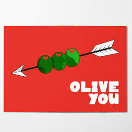 Affiche Olive You avec illustration graphique d’olives et message humoristique
