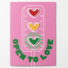 Affiche Open to Love avec illustration graphique de feu tricolore en forme de cœur
