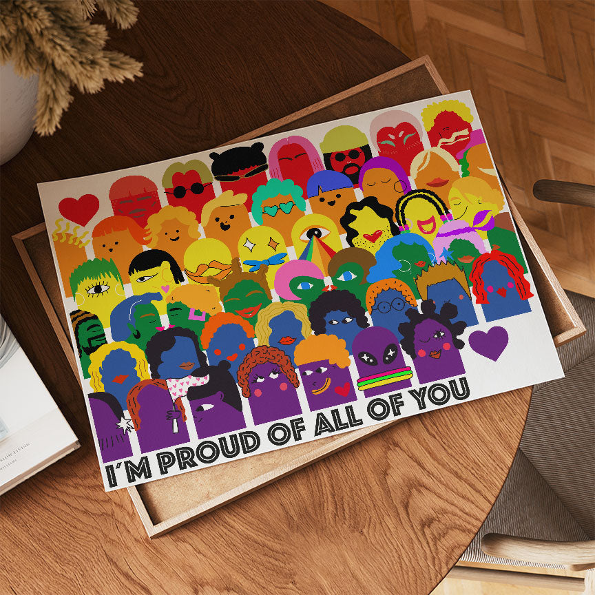 Affiche Pride colorée célébrant la diversité et l’inclusion avec le message I'm proud of all of you
