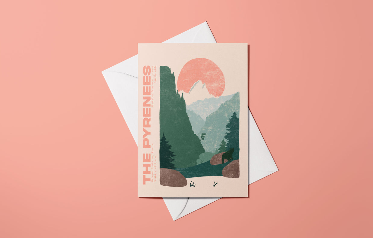 Affiche illustrée des Pyrénées avec paysage de montagne et nature
