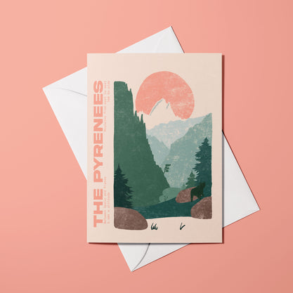 Affiche illustrée des Pyrénées avec paysage de montagne et nature

