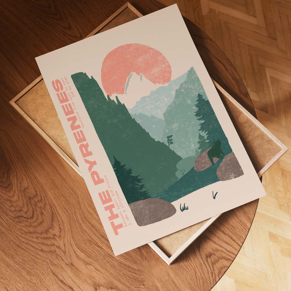 Affiche illustrée des Pyrénées avec paysage de montagne et nature
