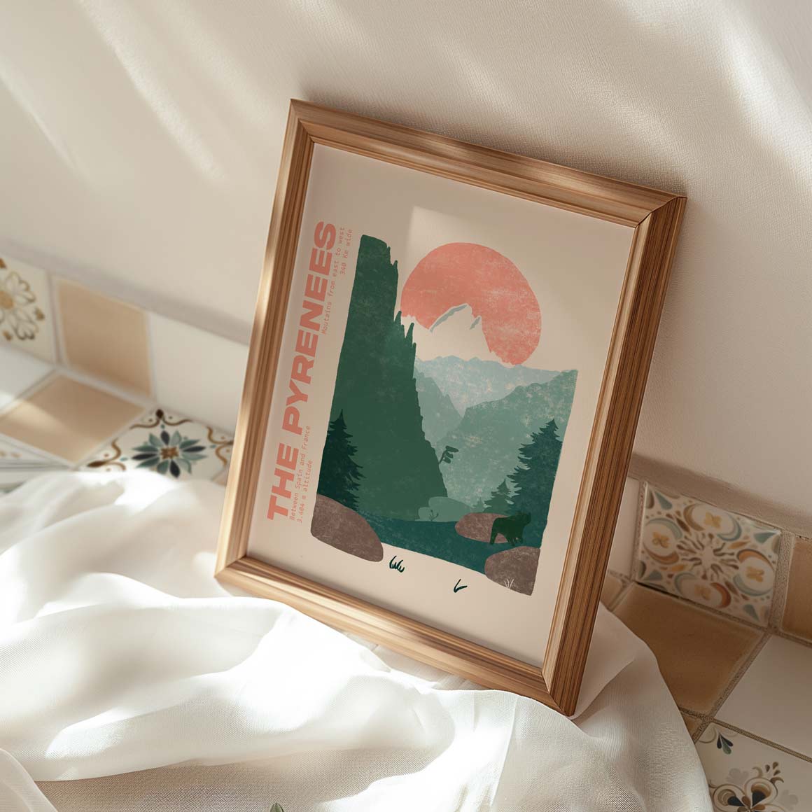 Affiche illustrée des Pyrénées avec paysage de montagne et nature
