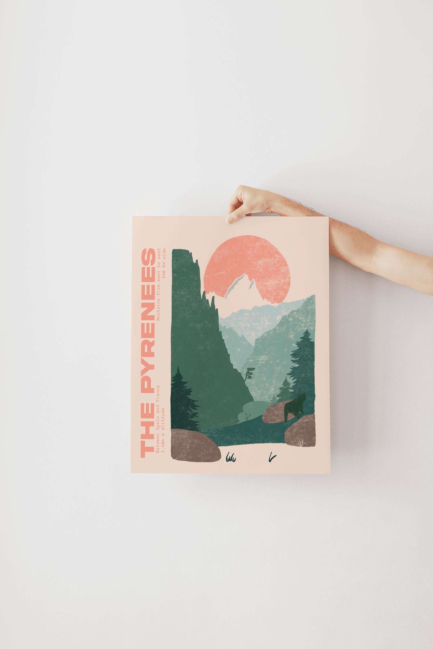 Affiche illustrée des Pyrénées avec paysage de montagne et nature
