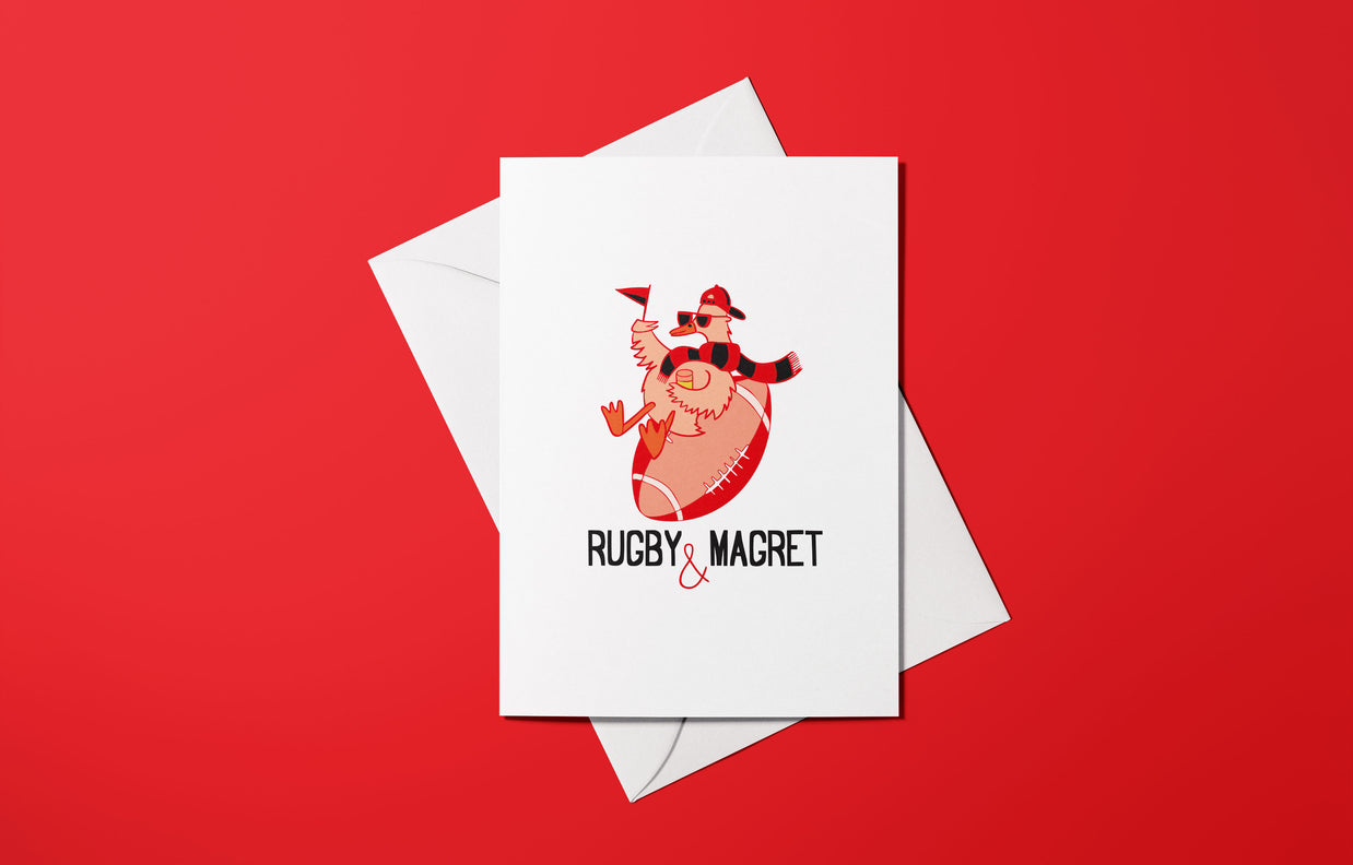 Affiche Rugby et Magret avec illustration de canard et ballon de rugby
