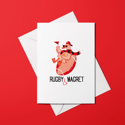 Affiche Rugby et Magret avec illustration de canard et ballon de rugby
