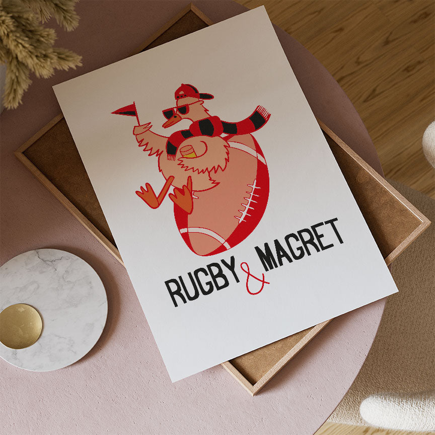 Affiche Rugby et Magret avec illustration de canard et ballon de rugby
