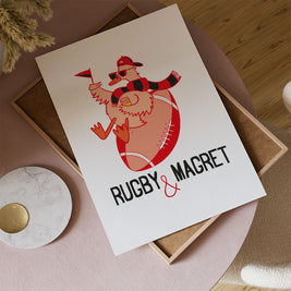 Affiche Rugby et Magret avec illustration de canard et ballon de rugby
