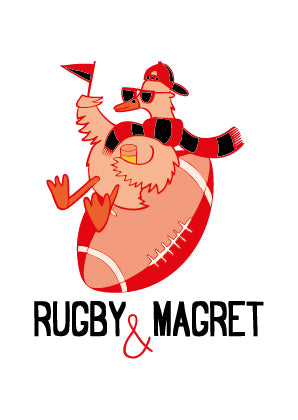 Affiche Rugby et Magret avec illustration de canard et ballon de rugby
