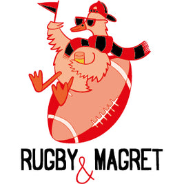 Affiche Rugby et Magret avec illustration de canard et ballon de rugby
