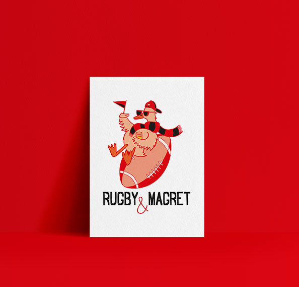 Affiche Rugby et Magret avec illustration de canard et ballon de rugby

