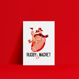 Affiche Rugby et Magret avec illustration de canard et ballon de rugby
