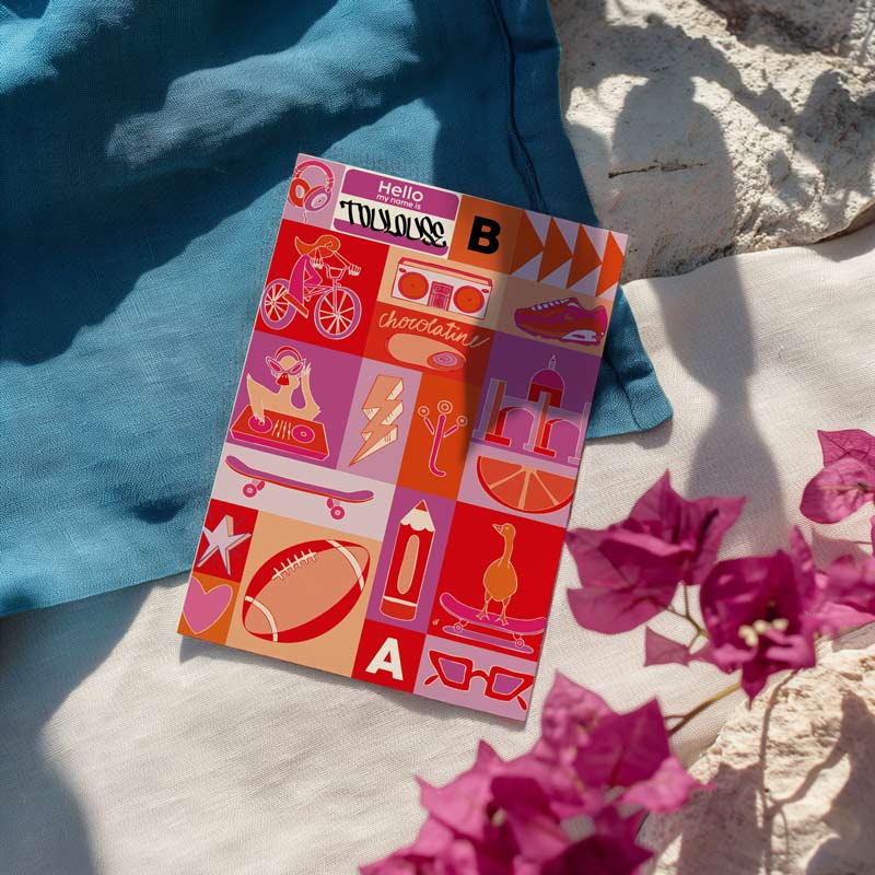 Affiche illustrée de Toulouse avec pictogrammes et références culturelles
