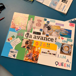 Visionboard terminé avec collages, textures et objectifs personnels pour la nouvelle saison