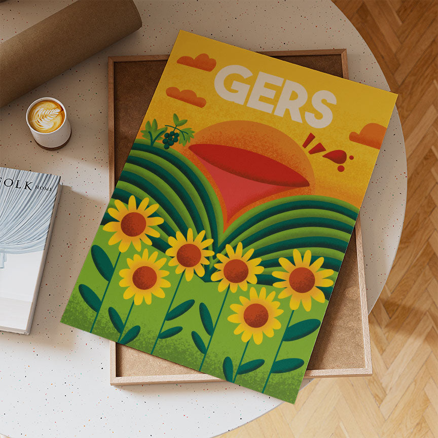 Carte illustrée du Gers avec paysage de collines et tournesols
