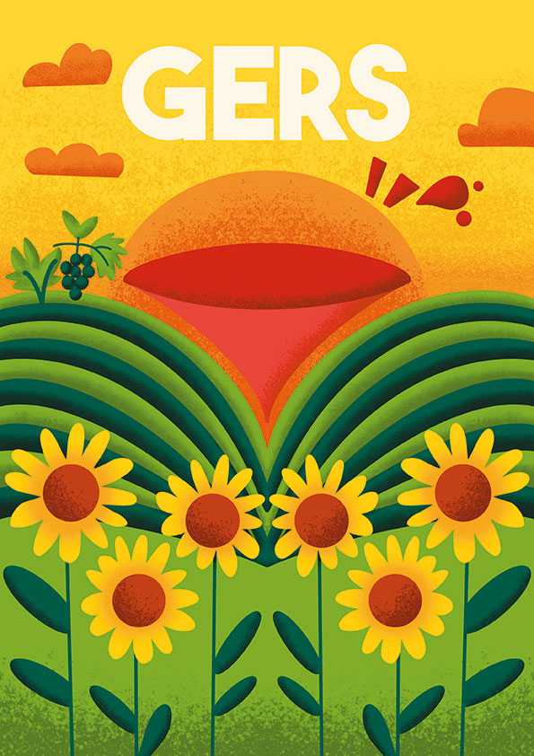 Carte illustrée du Gers avec paysage de collines et tournesols
