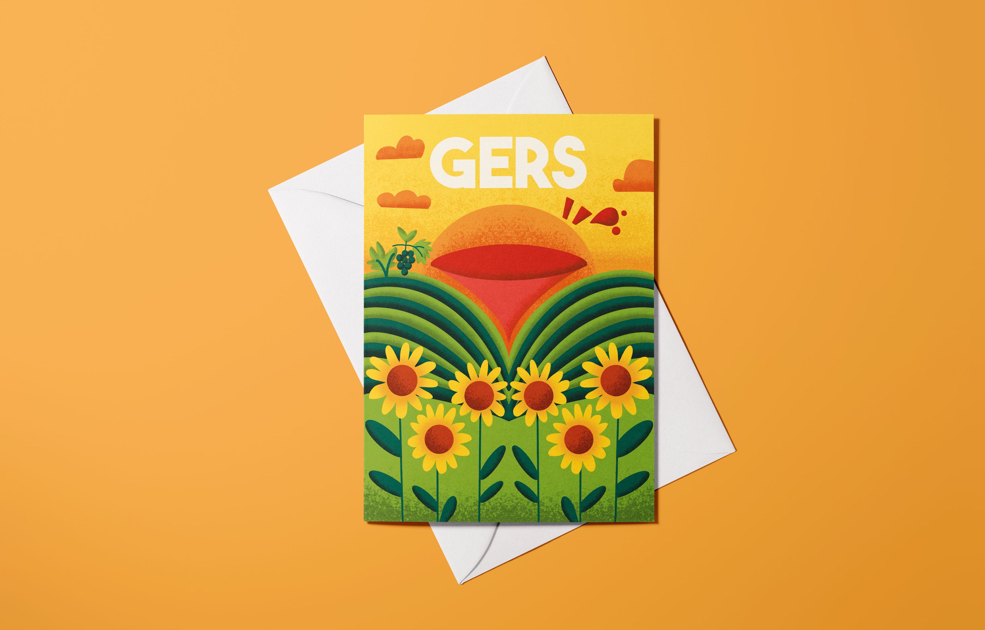 Carte illustrée du Gers avec paysage de collines et tournesols