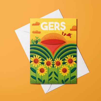 Carte illustrée du Gers avec paysage de collines et tournesols