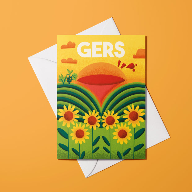 Carte illustrée du Gers avec paysage de collines et tournesols