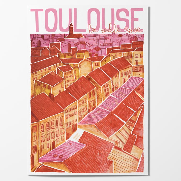 Carte postale illustrée de Toulouse représentant les toits de la Ville Rose