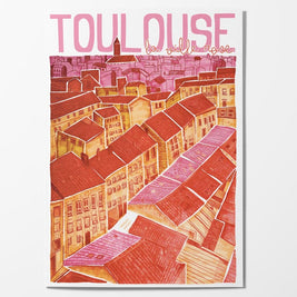 Carte postale illustrée de Toulouse représentant les toits de la Ville Rose